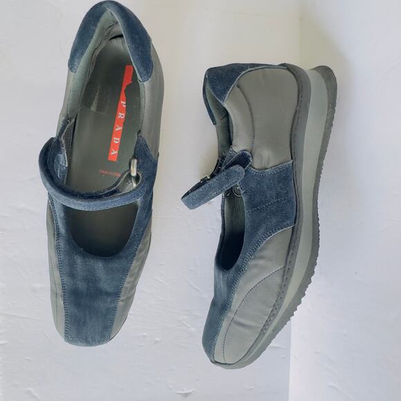 Vintage Prada Blue Suede Mary Jane Trainers Y2K Square Toe Ballerina Flats 8.5 - Picture 2 of 10